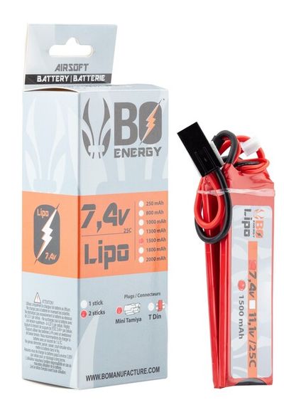 Airsoftová baterie B.O. Lipo 7.4V 1500 mAh 25C 2 Sticks 2S